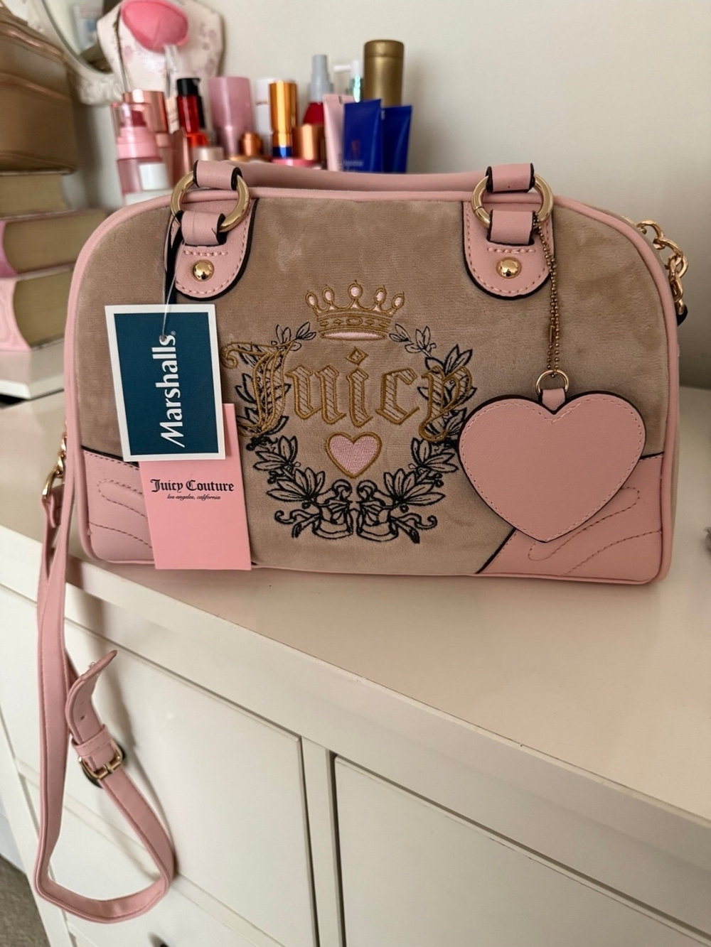Juicy Couture Pink and Beige Heart Charm Dome Crossbody